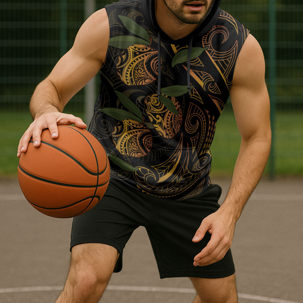 Hawaiian Mango Tribal Tattoo Sleeveless Hoodie Gold Pacific Traditional Pattern