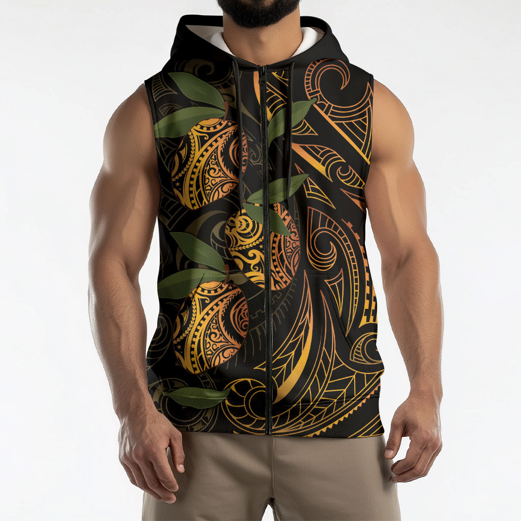 Hawaiian Mango Tribal Tattoo Sleeveless Zip Hoodie Gold Pacific Traditional Pattern