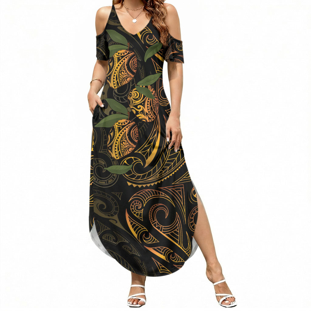 Hawaiian Mango Tribal Tattoo Summer Maxi Dress Gold Pacific Traditional Pattern