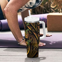 Hawaiian Mango Tribal Tattoo Tumbler With Handle Gold Pacific Traditional Pattern