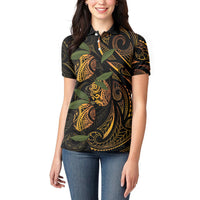 Hawaiian Mango Tribal Tattoo Women Polo Shirt Gold Pacific Traditional Pattern