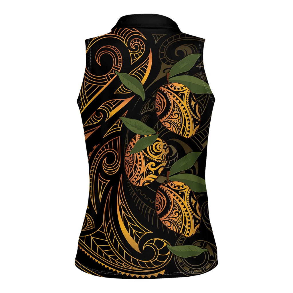 Hawaiian Mango Tribal Tattoo Women Sleeveless Polo Shirt Gold Pacific Traditional Pattern