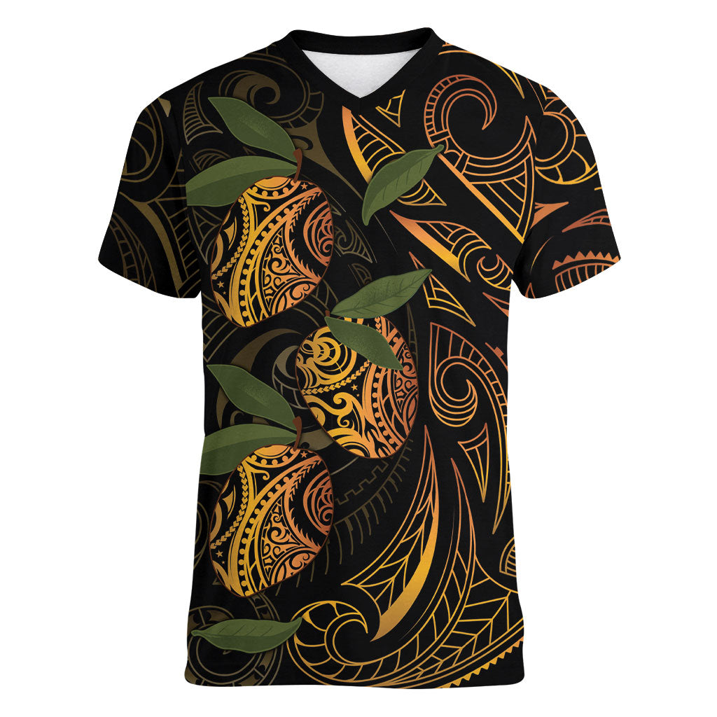 Hawaiian Mango Tribal Tattoo Women V-Neck T-Shirt Gold Pacific Traditional Pattern