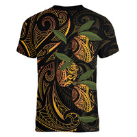 Hawaiian Mango Tribal Tattoo Women V-Neck T-Shirt Gold Pacific Traditional Pattern
