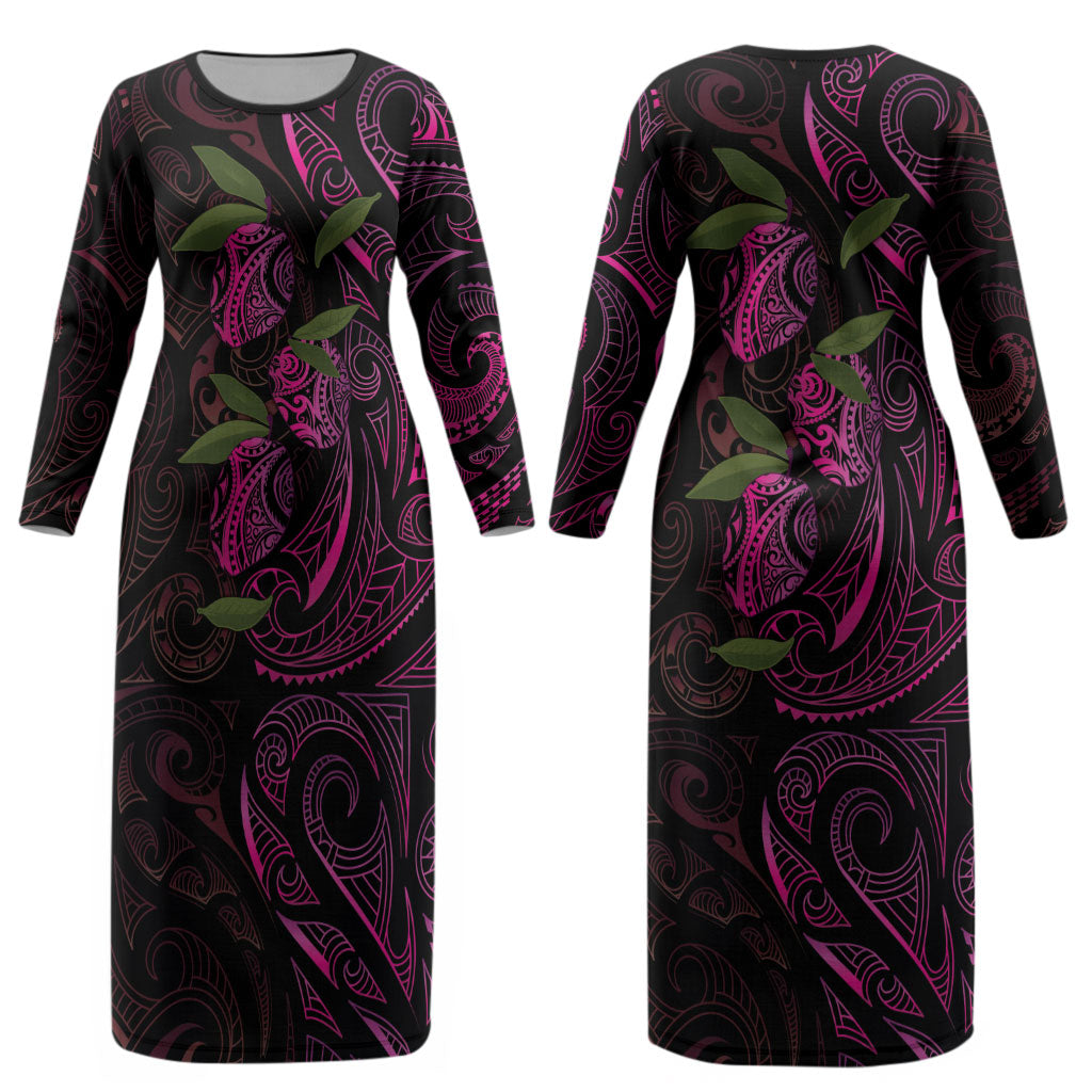 Hawaiian Mango Tribal Tattoo Couples Matching Long Sleeve Bodycon Dress and Hawaiian Shirt Pink Pacific Traditional Pattern
