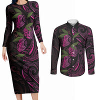 Hawaiian Mango Tribal Tattoo Couples Matching Long Sleeve Bodycon Dress and Long Sleeve Button Shirt Pink Pacific Traditional Pattern