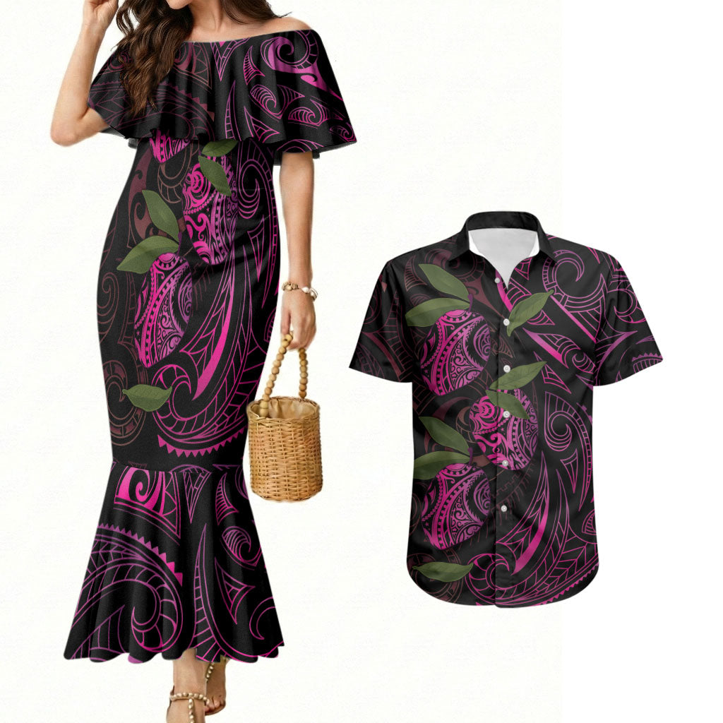 Hawaiian Mango Tribal Tattoo Couples Matching Mermaid Dress and Hawaiian Shirt Pink Pacific Traditional Pattern