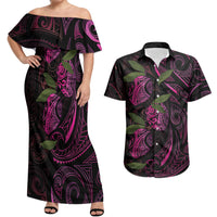 Hawaiian Mango Tribal Tattoo Couples Matching Off Shoulder Maxi Dress and Hawaiian Shirt Pink Pacific Traditional Pattern