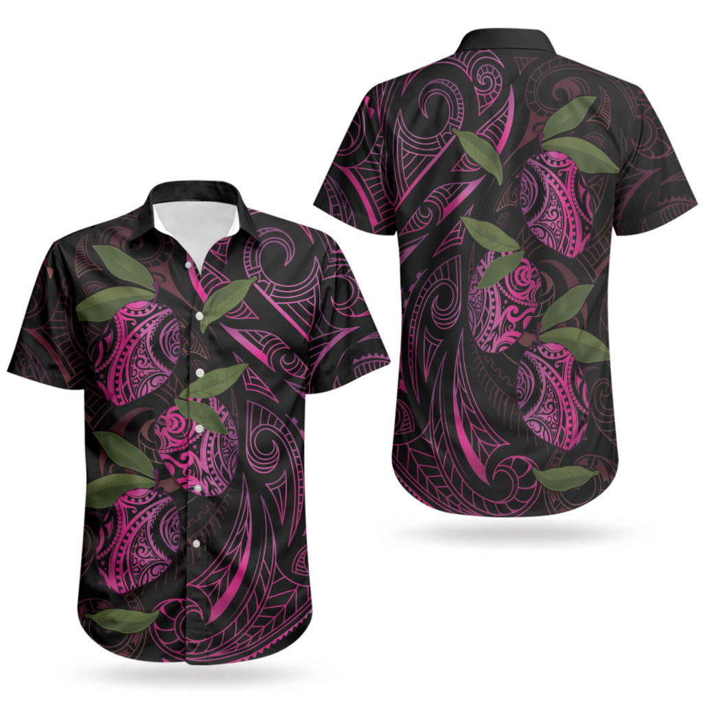 Hawaiian Mango Tribal Tattoo Couples Matching Off Shoulder Maxi Dress and Hawaiian Shirt Pink Pacific Traditional Pattern