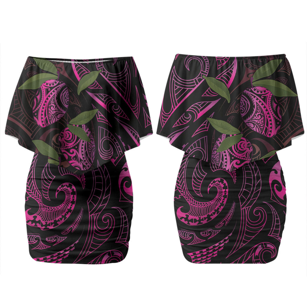 Hawaiian Mango Tribal Tattoo Couples Matching Off Shoulder Short Dress and Long Sleeve Button Shirt Pink Pacific Traditional Pattern