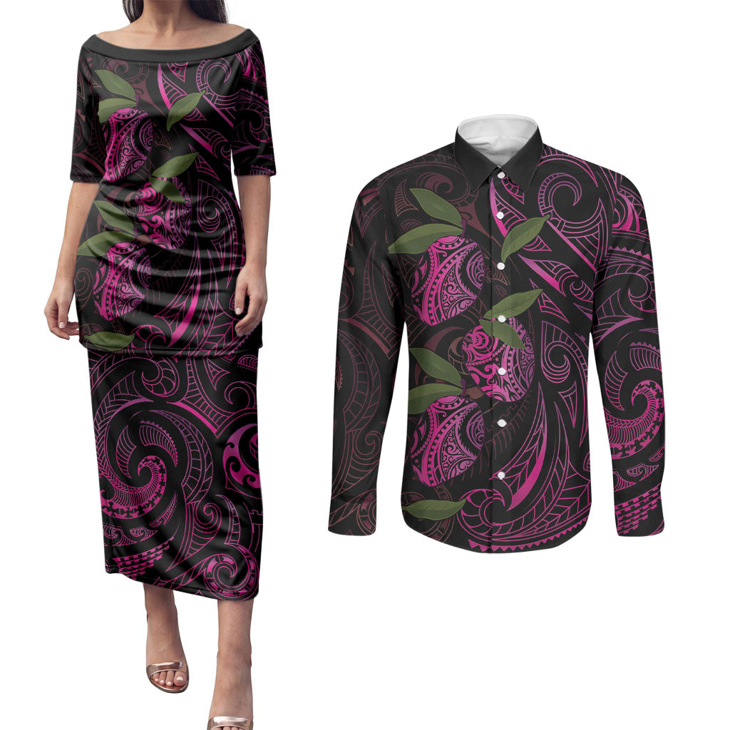 Hawaiian Mango Tribal Tattoo Couples Matching Puletasi and Long Sleeve Button Shirt Pink Pacific Traditional Pattern
