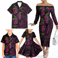 Hawaiian Mango Tribal Tattoo Family Matching Off The Shoulder Long Sleeve Dress and Hawaiian Shirt Pink Pacific Traditional Pattern