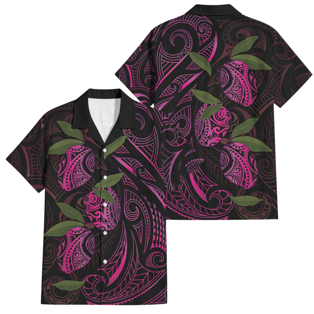 Hawaiian Mango Tribal Tattoo Family Matching Off The Shoulder Long Sleeve Dress and Hawaiian Shirt Pink Pacific Traditional Pattern