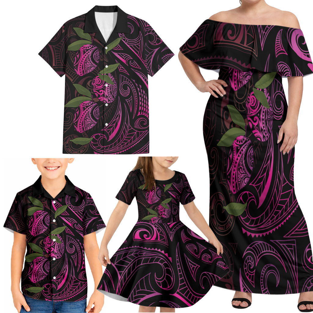 Hawaiian Mango Tribal Tattoo Family Matching Off Shoulder Maxi Dress and Hawaiian Shirt Pink Pacific Traditional Pattern