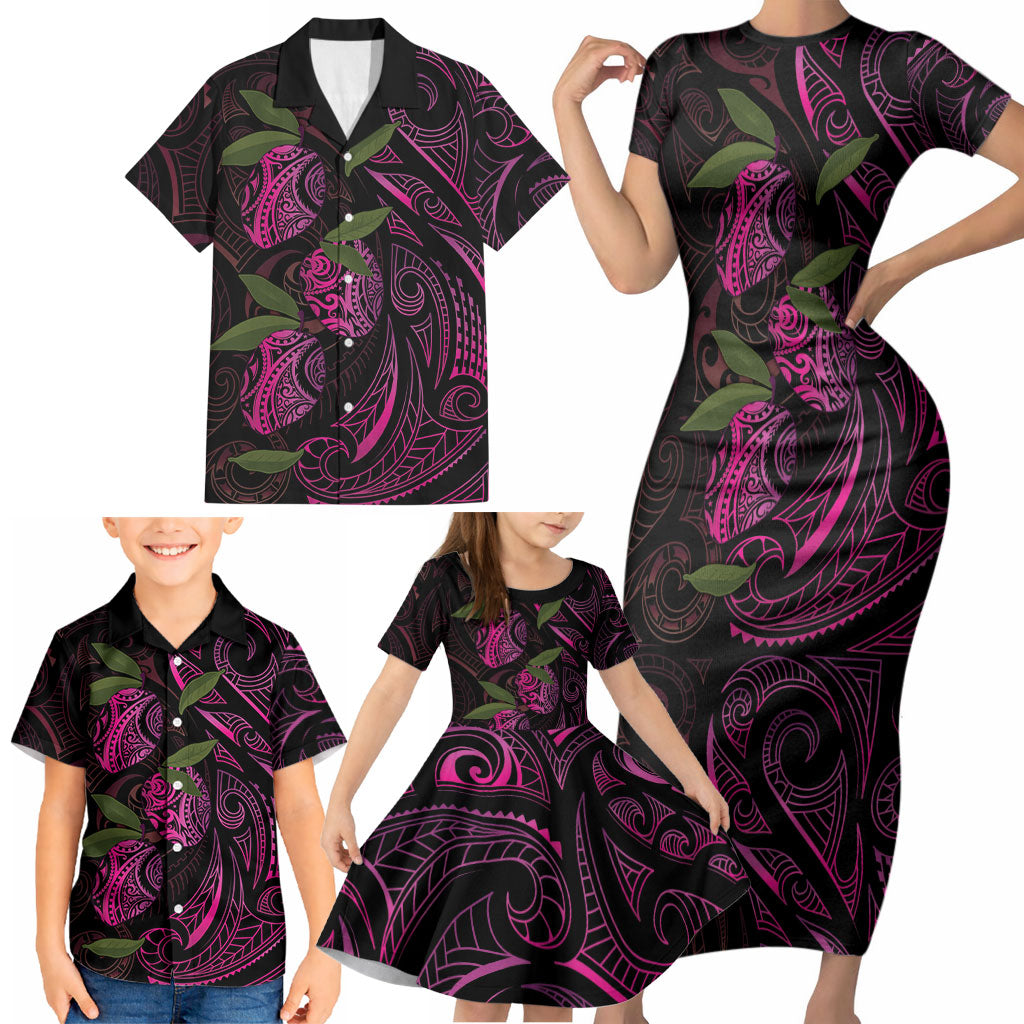 Hawaiian Mango Tribal Tattoo Family Matching Short Sleeve Bodycon Dress and Hawaiian Shirt Pink Pacific Traditional Pattern