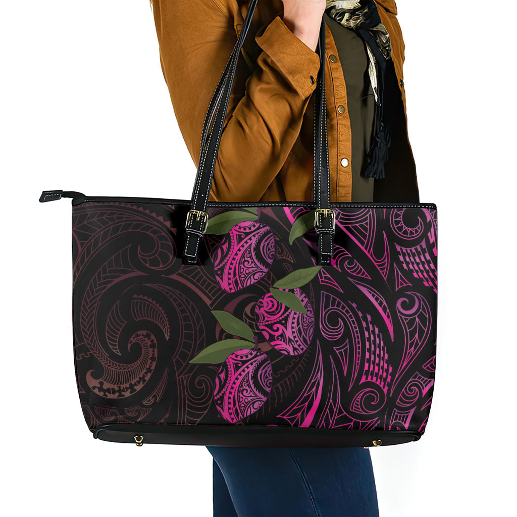 Hawaiian Mango Tribal Tattoo Leather Tote Bag Pink Pacific Traditional Pattern