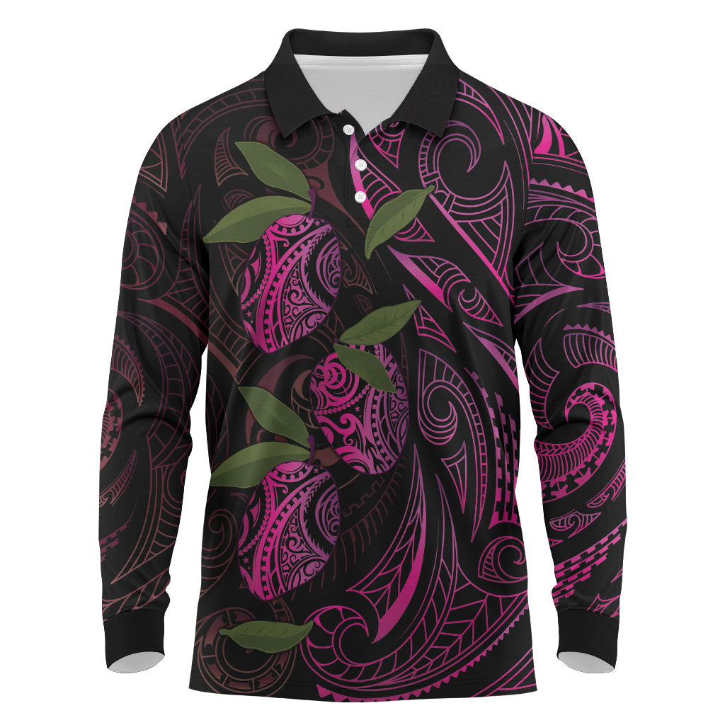 Hawaiian Mango Tribal Tattoo Long Sleeve Polo Shirt Pink Pacific Traditional Pattern