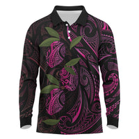 Hawaiian Mango Tribal Tattoo Long Sleeve Polo Shirt Pink Pacific Traditional Pattern