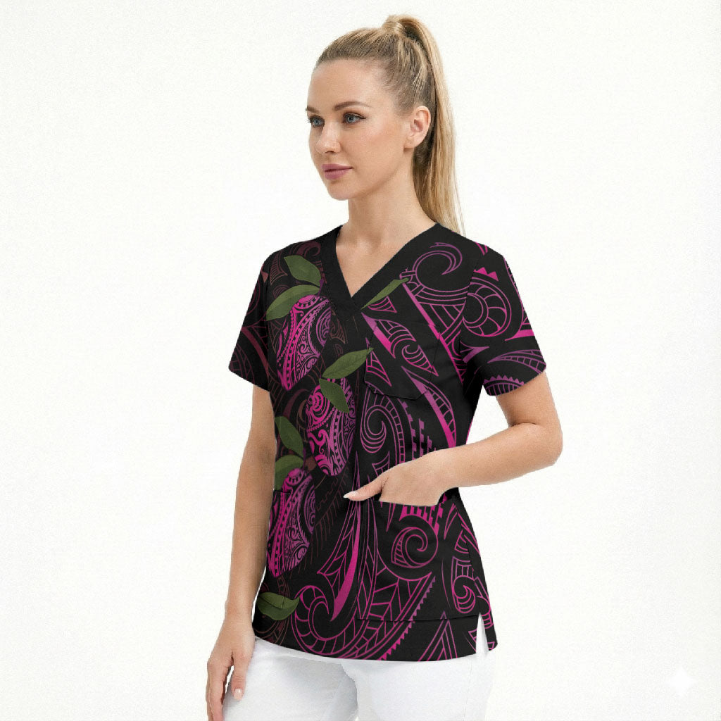 Hawaiian Mango Tribal Tattoo Scrub Top Pink Pacific Traditional Pattern