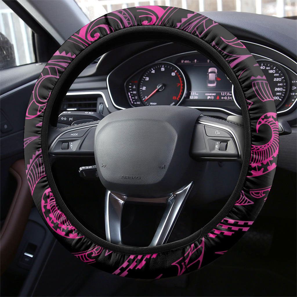 Hawaiian Mango Tribal Tattoo Steering Wheel Cover Pink Pacific Traditional Pattern
