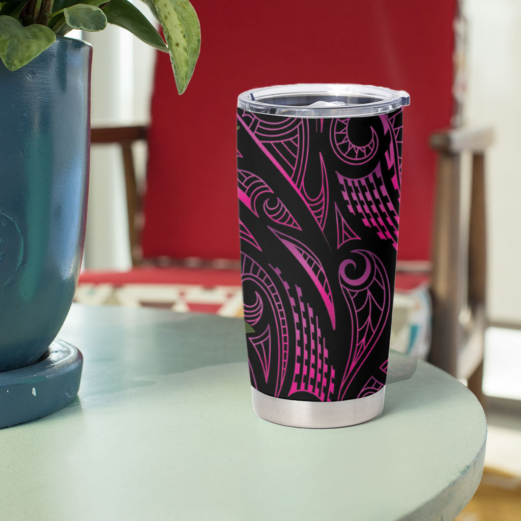 Hawaiian Mango Tribal Tattoo Tumbler Cup Pink Pacific Traditional Pattern