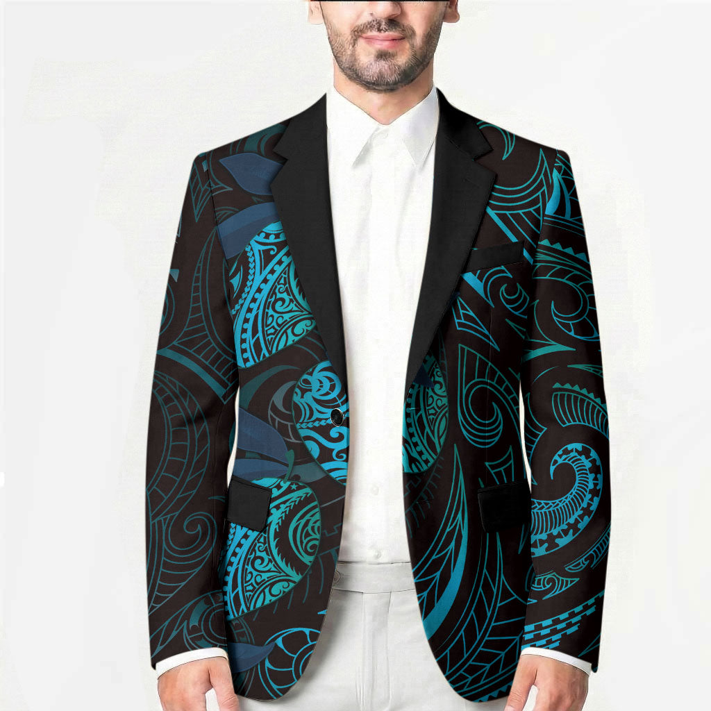Hawaiian Mango Tribal Tattoo Blazer Teal Pacific Traditional Pattern