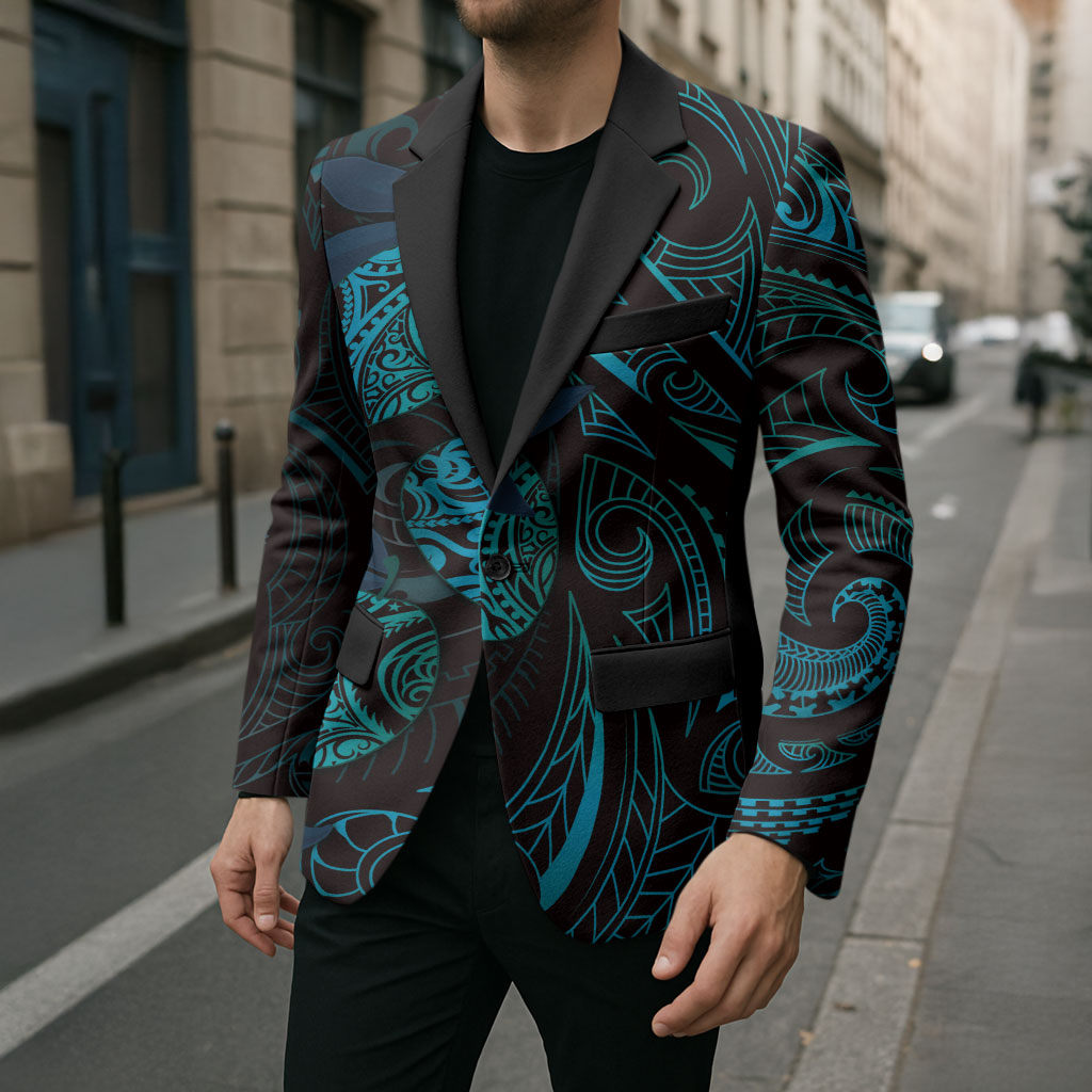Hawaiian Mango Tribal Tattoo Blazer Teal Pacific Traditional Pattern