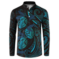 Hawaiian Mango Tribal Tattoo Button Sweatshirt Teal Pacific Traditional Pattern