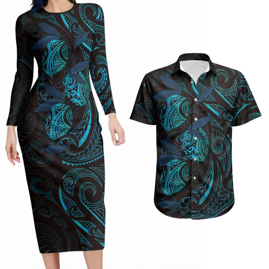 Hawaiian Mango Tribal Tattoo Couples Matching Long Sleeve Bodycon Dress and Hawaiian Shirt Teal Pacific Traditional Pattern LT9 Teal - Polynesian Pride