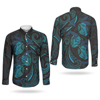 Hawaiian Mango Tribal Tattoo Couples Matching Mermaid Dress and Long Sleeve Button Shirt Teal Pacific Traditional Pattern