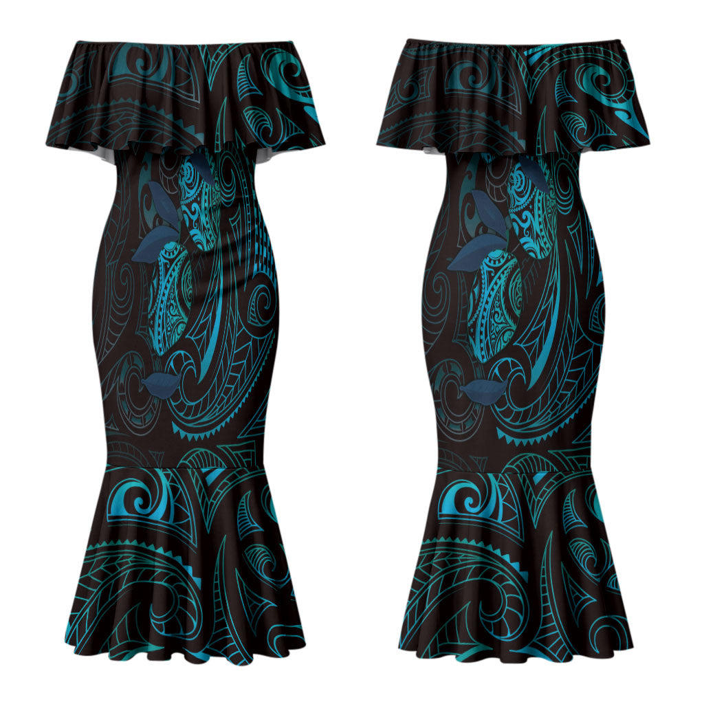 Hawaiian Mango Tribal Tattoo Couples Matching Mermaid Dress and Long Sleeve Button Shirt Teal Pacific Traditional Pattern