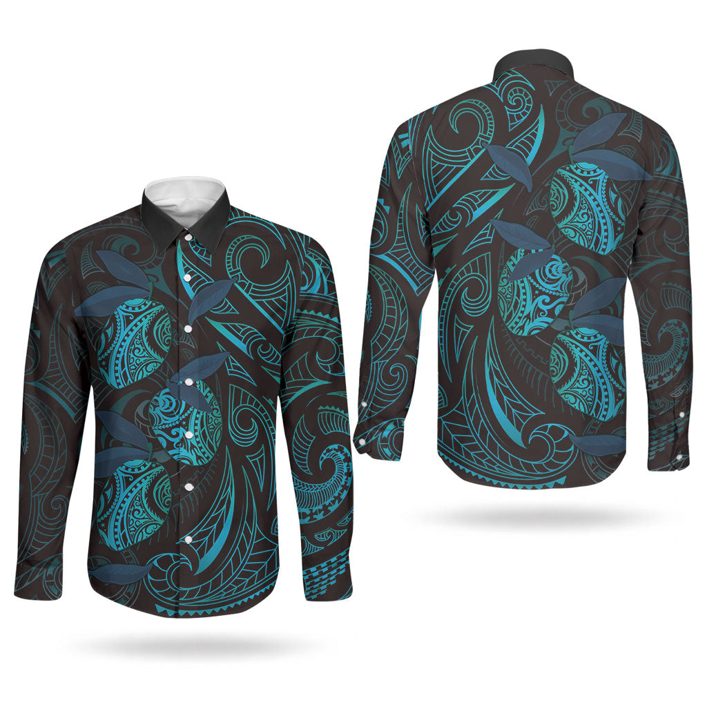 Hawaiian Mango Tribal Tattoo Couples Matching Off Shoulder Short Dress and Long Sleeve Button Shirt Teal Pacific Traditional Pattern
