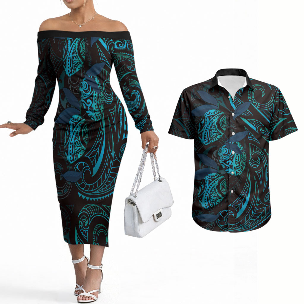 Hawaiian Mango Tribal Tattoo Couples Matching Off The Shoulder Long Sleeve Dress and Hawaiian Shirt Teal Pacific Traditional Pattern LT9 Teal - Polynesian Pride