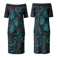 Hawaiian Mango Tribal Tattoo Couples Matching Puletasi and Hawaiian Shirt Teal Pacific Traditional Pattern