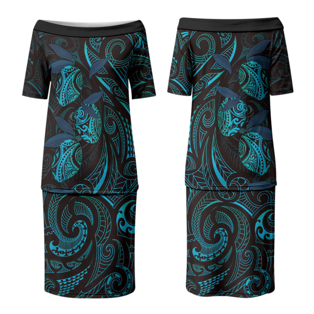 Hawaiian Mango Tribal Tattoo Couples Matching Puletasi and Long Sleeve Button Shirt Teal Pacific Traditional Pattern