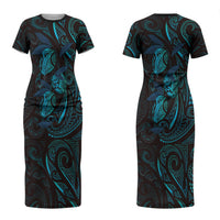 Hawaiian Mango Tribal Tattoo Couples Matching Short Sleeve Bodycon Dress and Hawaiian Shirt Teal Pacific Traditional Pattern