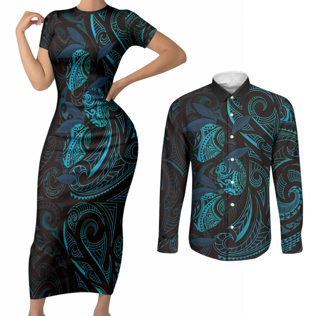 Hawaiian Mango Tribal Tattoo Couples Matching Short Sleeve Bodycon Dress and Long Sleeve Button Shirt Teal Pacific Traditional Pattern