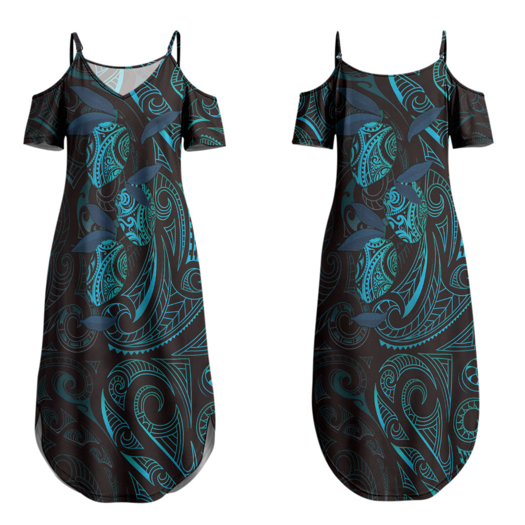 Hawaiian Mango Tribal Tattoo Couples Matching Summer Maxi Dress and Long Sleeve Button Shirt Teal Pacific Traditional Pattern