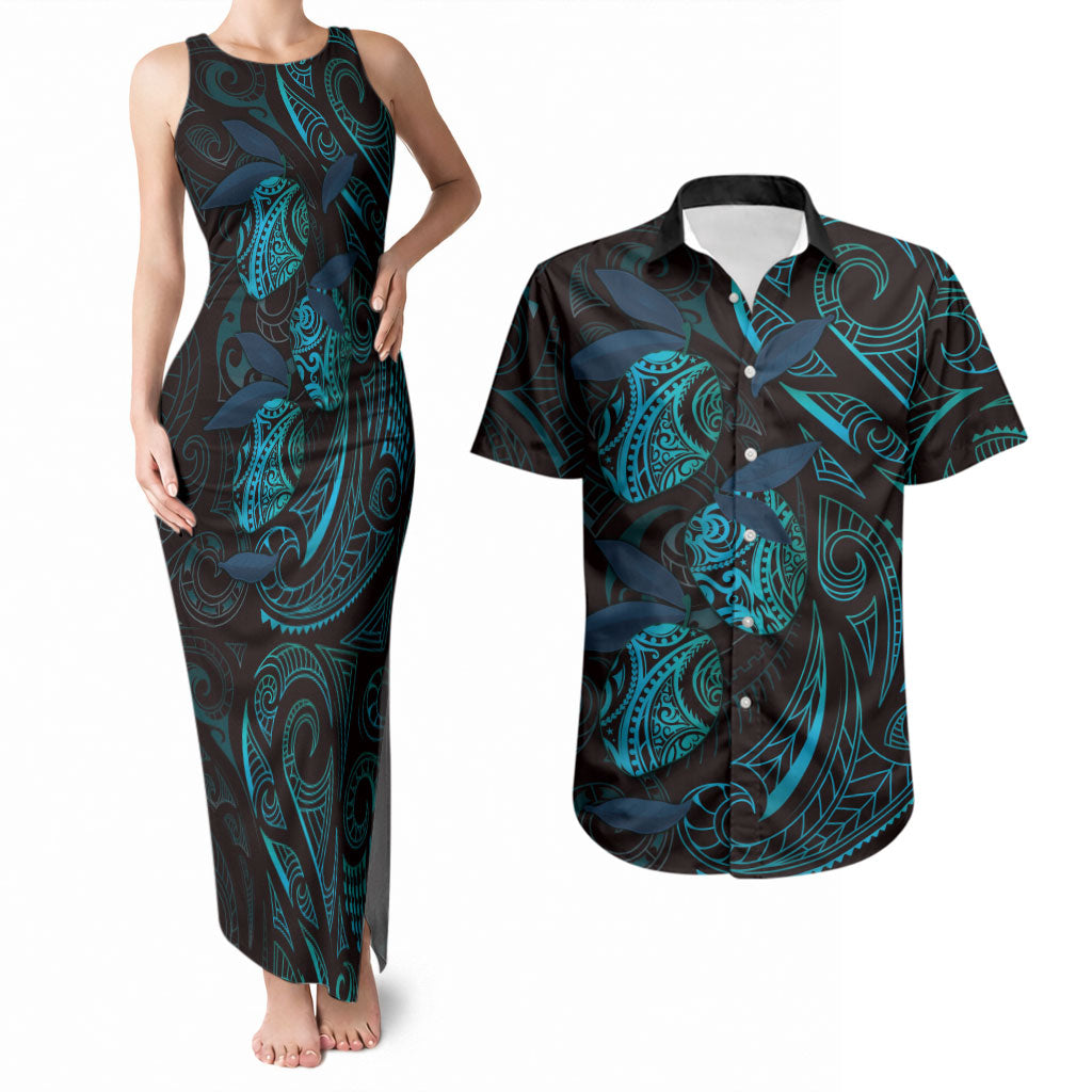 Hawaiian Mango Tribal Tattoo Couples Matching Tank Maxi Dress and Hawaiian Shirt Teal Pacific Traditional Pattern LT9 Teal - Polynesian Pride