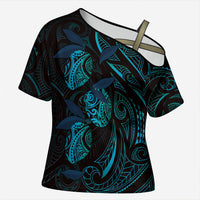 Hawaiian Mango Tribal Tattoo Cross Shoulder Shirt Teal Pacific Traditional Pattern