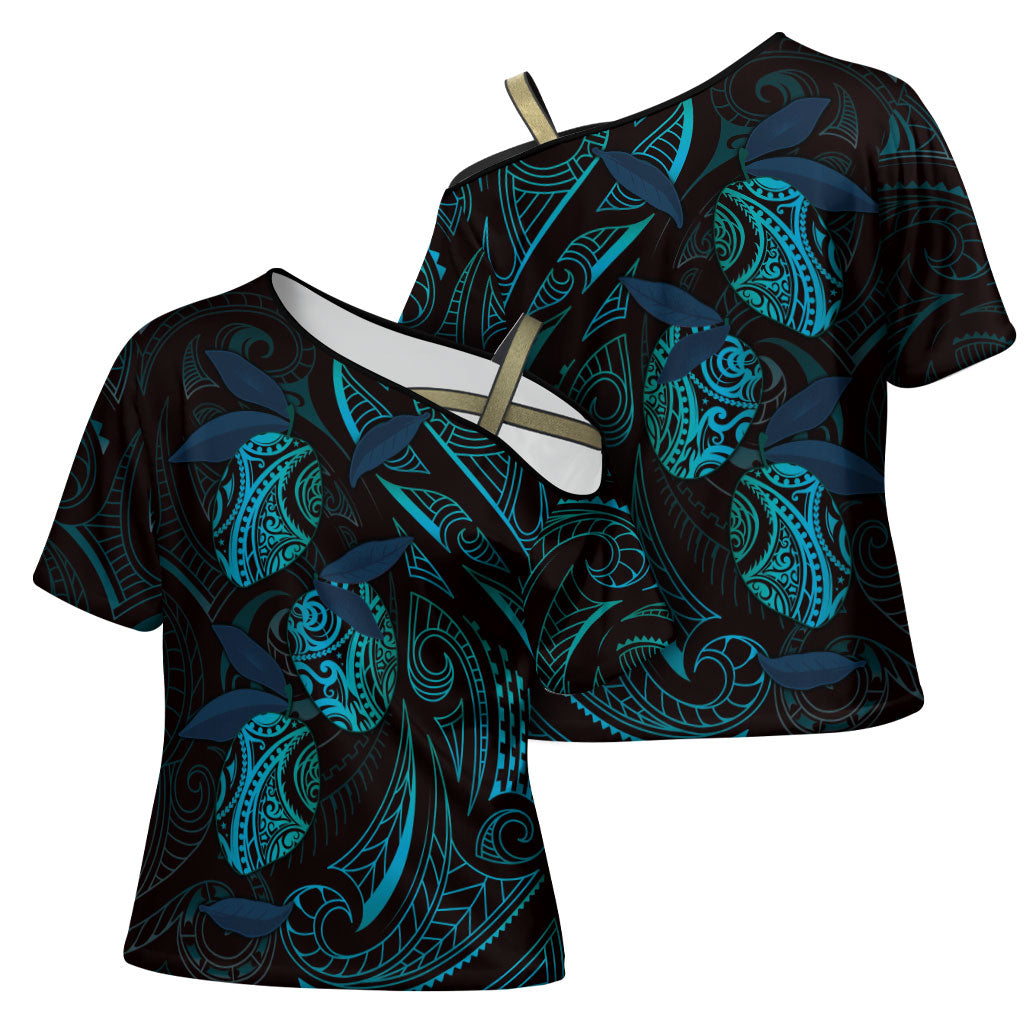 Hawaiian Mango Tribal Tattoo Cross Shoulder Shirt Teal Pacific Traditional Pattern
