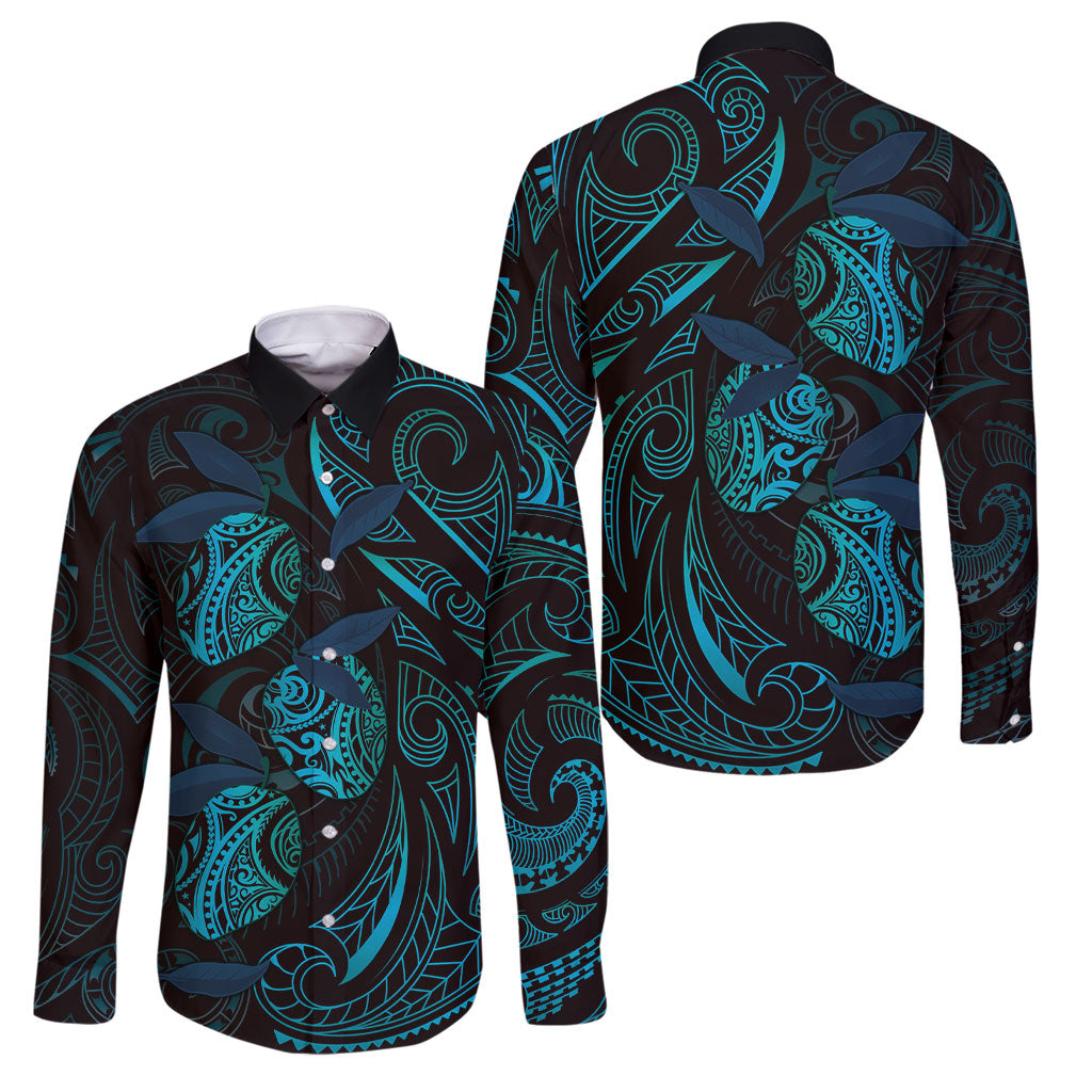 Hawaiian Mango Tribal Tattoo Family Matching Long Sleeve Bodycon Dress and Hawaiian Shirt Teal Pacific Traditional Pattern