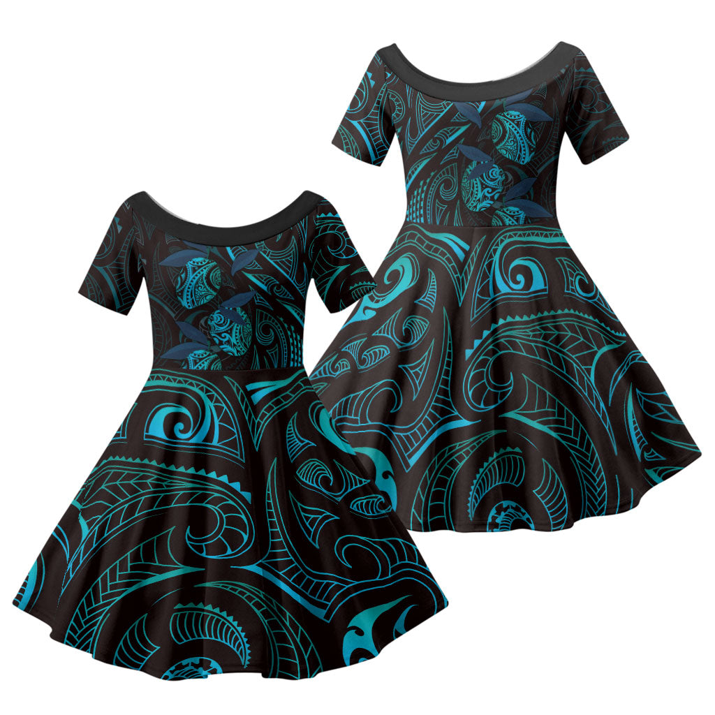 Hawaiian Mango Tribal Tattoo Family Matching Mermaid Dress and Hawaiian Shirt Teal Pacific Traditional Pattern