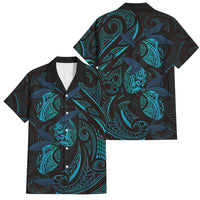 Hawaiian Mango Tribal Tattoo Family Matching Off Shoulder Maxi Dress and Hawaiian Shirt Teal Pacific Traditional Pattern