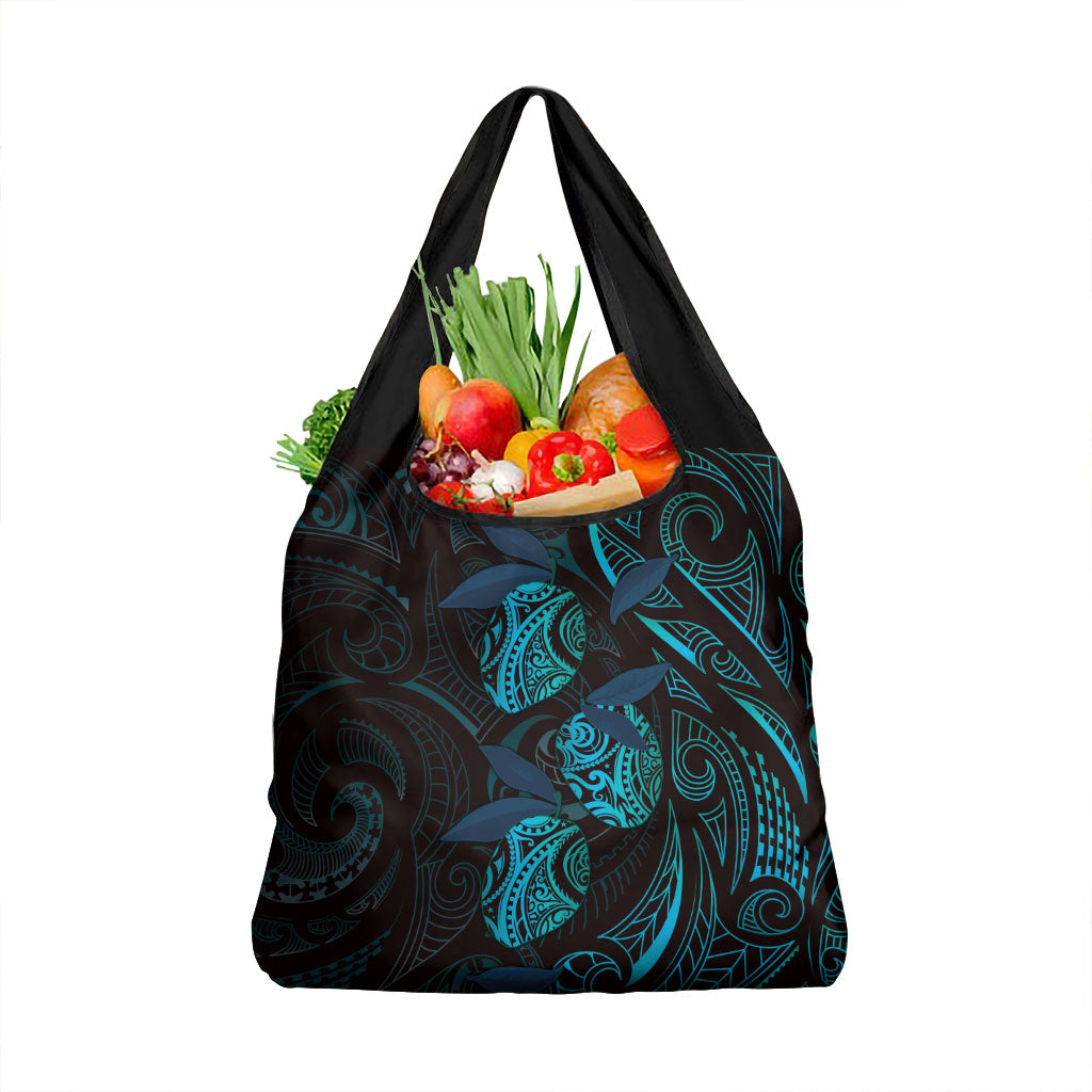 Hawaiian Mango Tribal Tattoo Grocery Bag Teal Pacific Traditional Pattern
