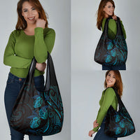 Hawaiian Mango Tribal Tattoo Grocery Bag Teal Pacific Traditional Pattern