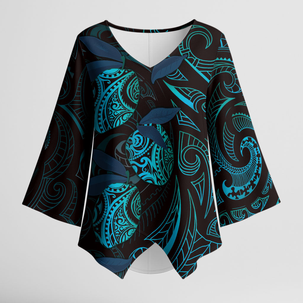 Hawaiian Mango Tribal Tattoo Kimono Sleeve Blouse Teal Pacific Traditional Pattern