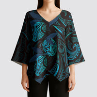 Hawaiian Mango Tribal Tattoo Kimono Sleeve Blouse Teal Pacific Traditional Pattern