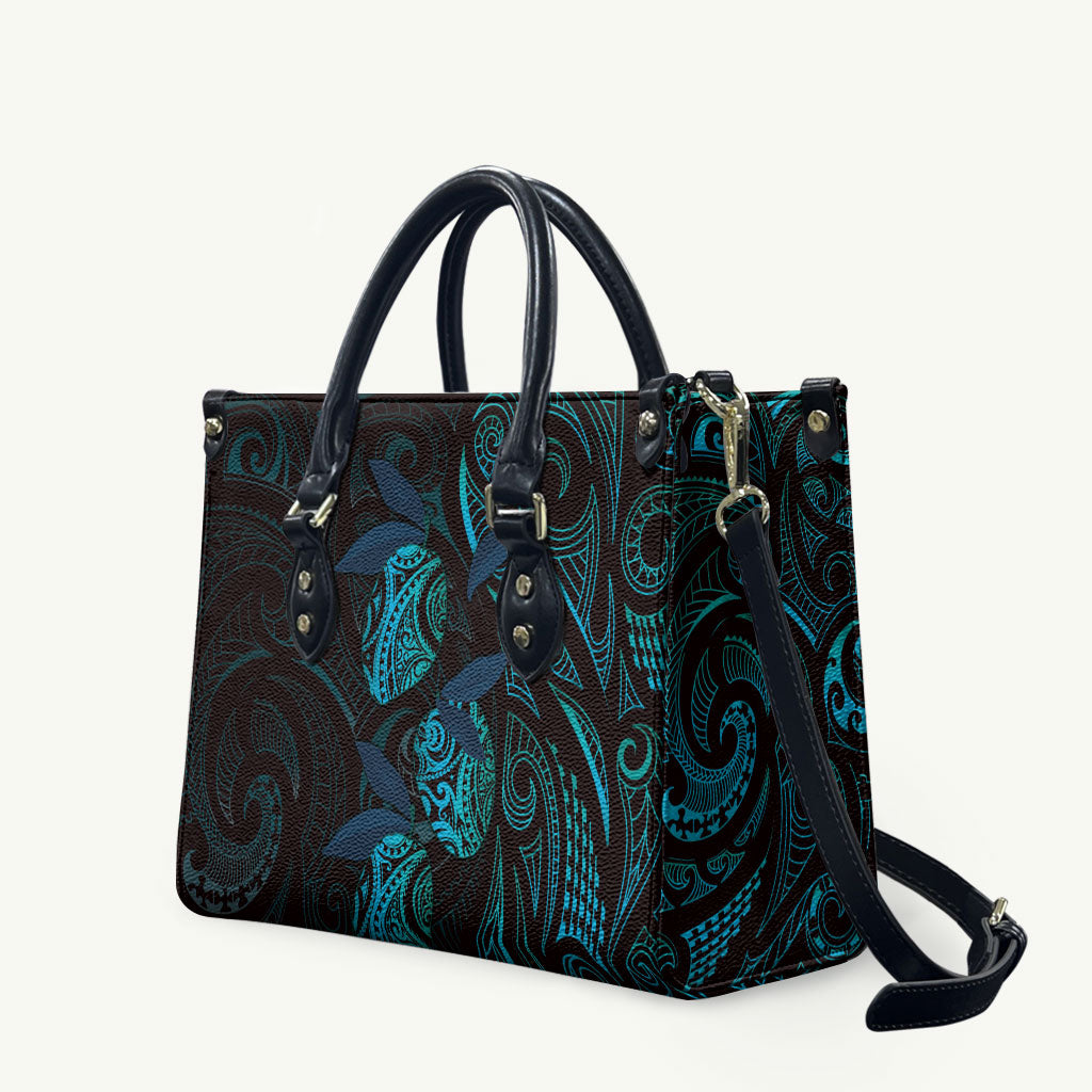 Hawaiian Mango Tribal Tattoo Leather Bag Teal Pacific Traditional Pattern