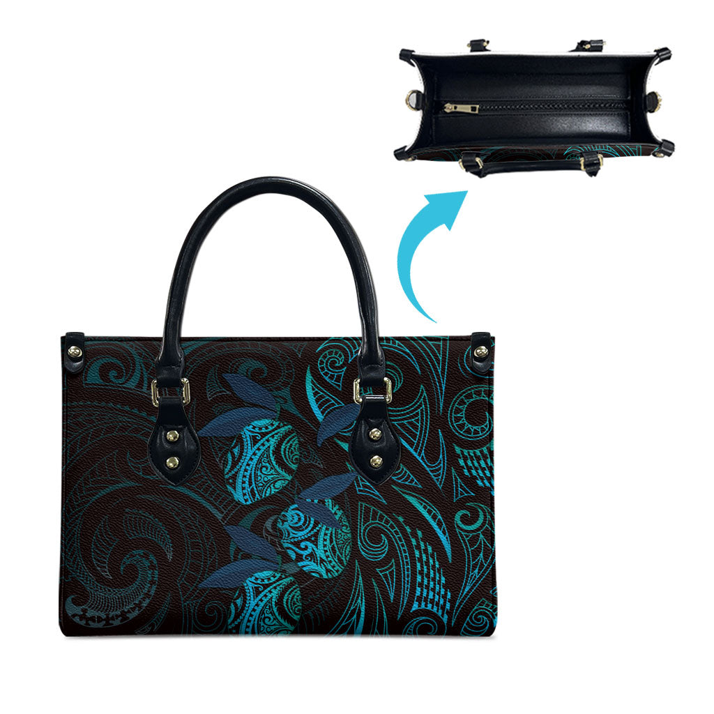 Hawaiian Mango Tribal Tattoo Leather Bag Teal Pacific Traditional Pattern